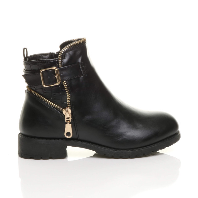 Right side view of Black PU Girls Low Heel Gold Zip Buckle Combat Biker Ankle Boots Booties
