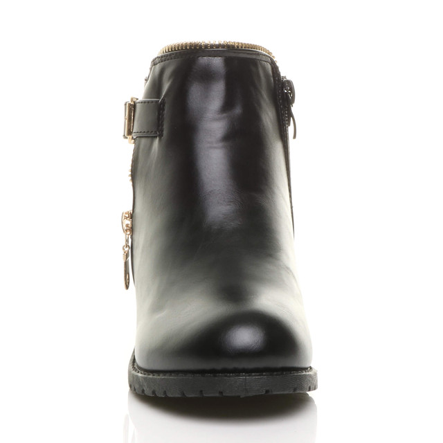 Front view of Black PU Girls Low Heel Gold Zip Buckle Combat Biker Ankle Boots Booties