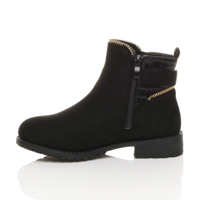 Left side view of Black Suede Girls Low Heel Gold Zip Buckle Combat Biker Ankle Boots Booties