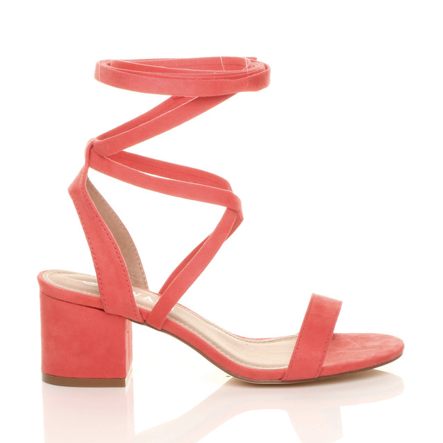 Right side view of Coral Suede Low Mid Block Heel Lace Up Ankle Tie Wrap Strappy Sandals