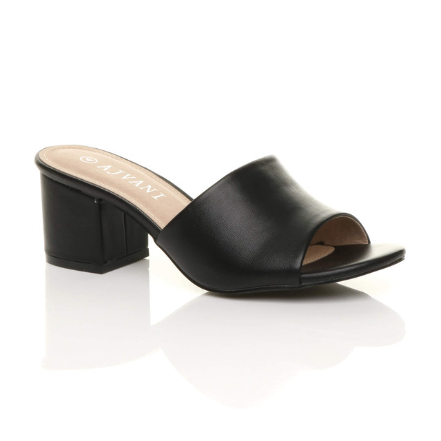Front right side view of Black PU Low Mid Block Heel Casual Party Evening Mules Sandals 