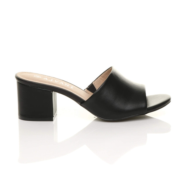 Right side view of Black PU Low Mid Block Heel Casual Party Evening Mules Sandals 