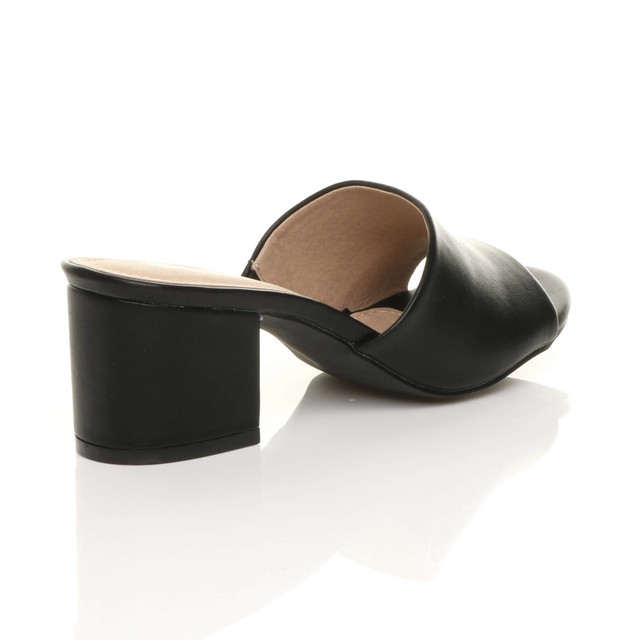 Back right side view of Black PU Low Mid Block Heel Casual Party Evening Mules Sandals 