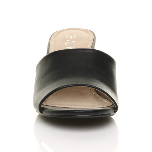 Front view of Black PU Low Mid Block Heel Casual Party Evening Mules Sandals 