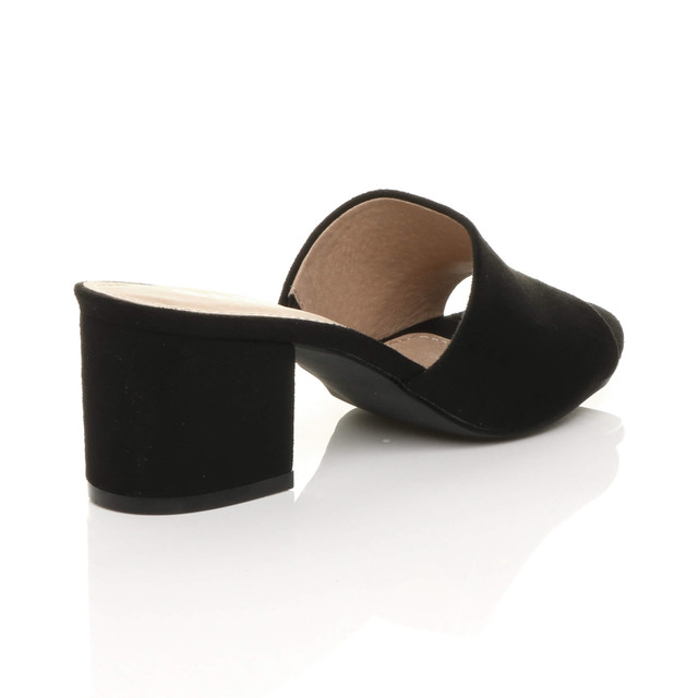 Back right side view of Black Suede Low Mid Block Heel Casual Party Evening Mules Sandals 