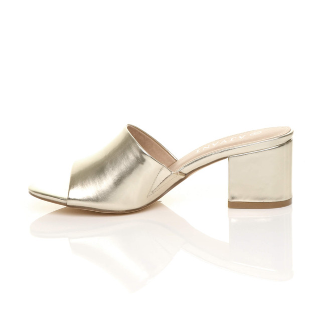 Left side view of Gold PU Low Mid Block Heel Casual Party Evening Mules Sandals 