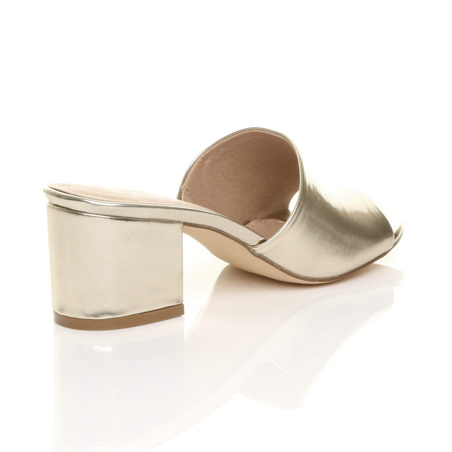 Back right side view of Gold PU Low Mid Block Heel Casual Party Evening Mules Sandals 