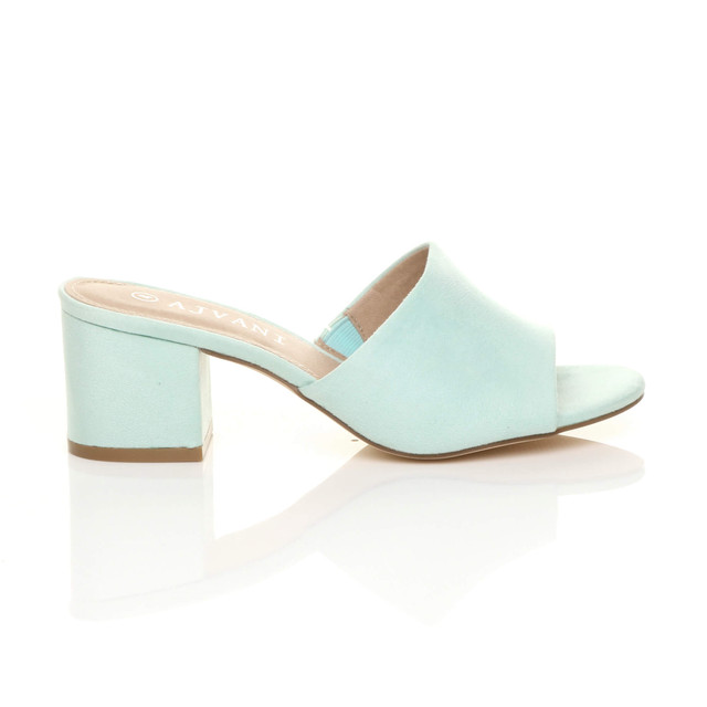 Right side view of Mint Suede Low Mid Block Heel Casual Party Evening Mules Sandals 