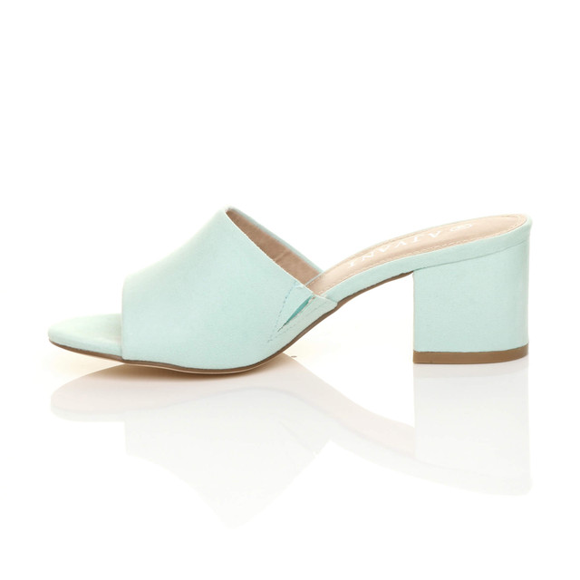 Left side view of Mint Suede Low Mid Block Heel Casual Party Evening Mules Sandals 
