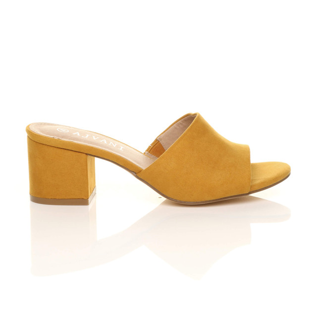Right side view of Mustard Suede Low Mid Block Heel Casual Party Evening Mules Sandals 