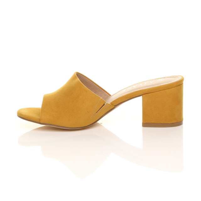 Left side view of Mustard Suede Low Mid Block Heel Casual Party Evening Mules Sandals 