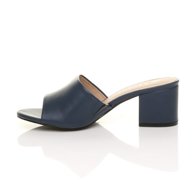 Left side view of Navy PU Low Mid Block Heel Casual Party Evening Mules Sandals 
