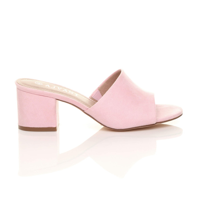 Right side view of Pale Pink Suede Low Mid Block Heel Casual Party Evening Mules Sandals 
