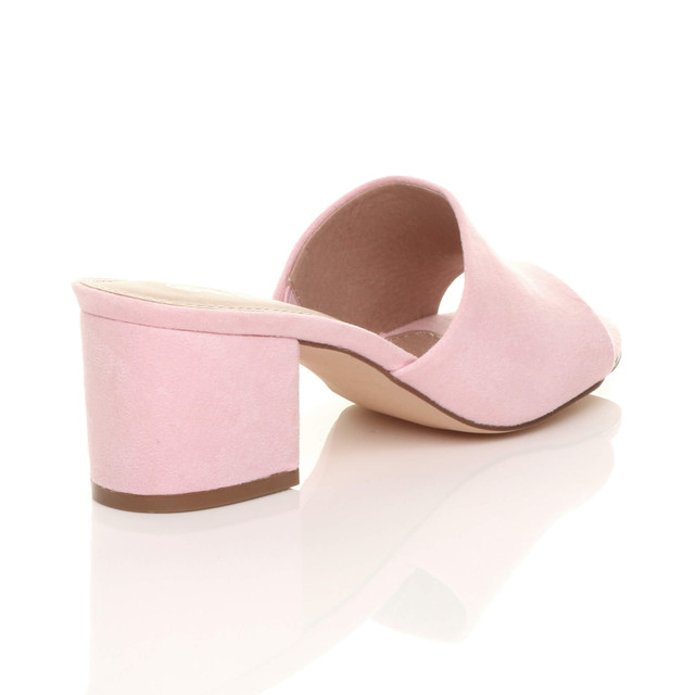 Back right side view of Pale Pink Suede Low Mid Block Heel Casual Party Evening Mules Sandals 