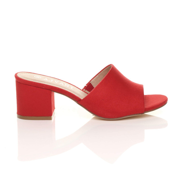 Right side view of Red Suede Low Mid Block Heel Casual Party Evening Mules Sandals 