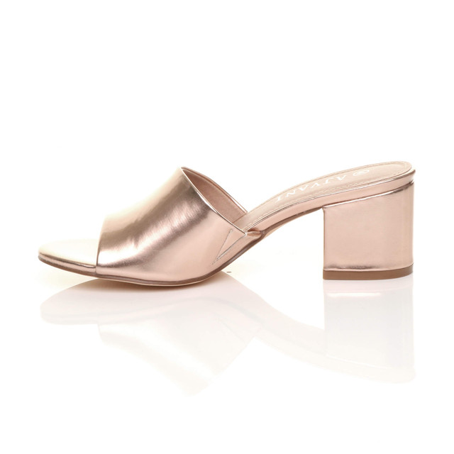Left side view of Rose Gold PU Low Mid Block Heel Casual Party Evening Mules Sandals 