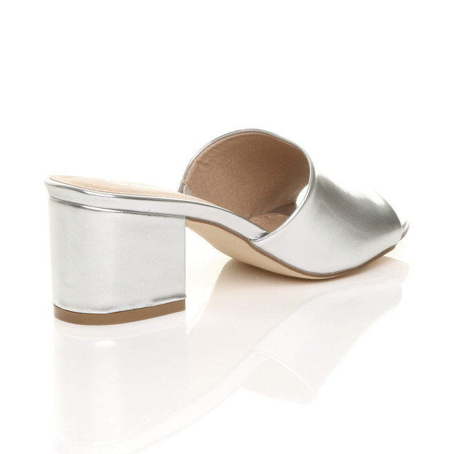Back right side view of Silver PU Low Mid Block Heel Casual Party Evening Mules Sandals 