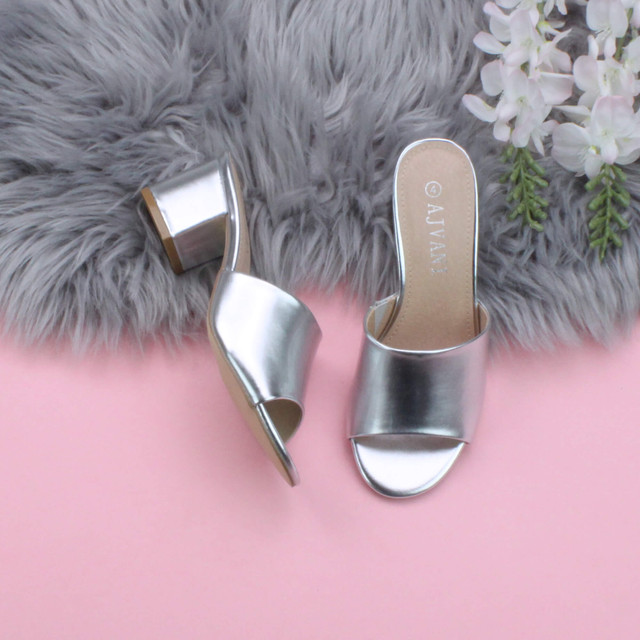 Silver PU Low Mid Block Heel Casual Party Evening Mules Sandals 