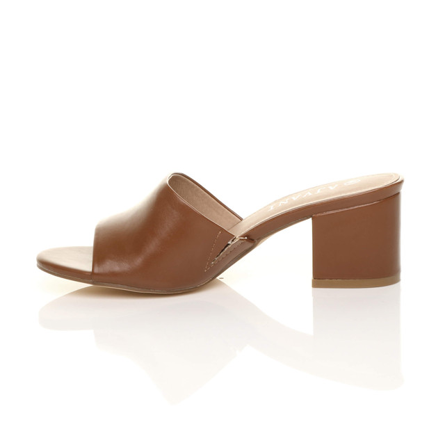 Left side view of Tan PU Low Mid Block Heel Casual Party Evening Mules Sandals 