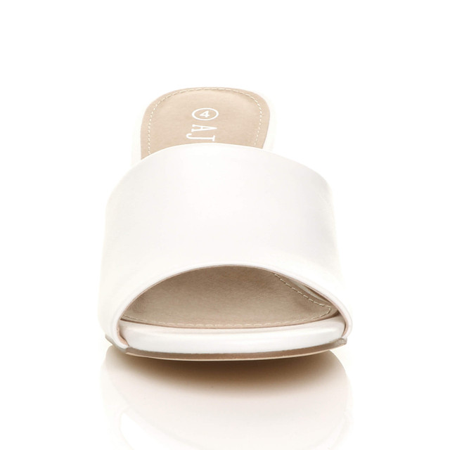 Front view of White PU Low Mid Block Heel Casual Party Evening Mules Sandals 