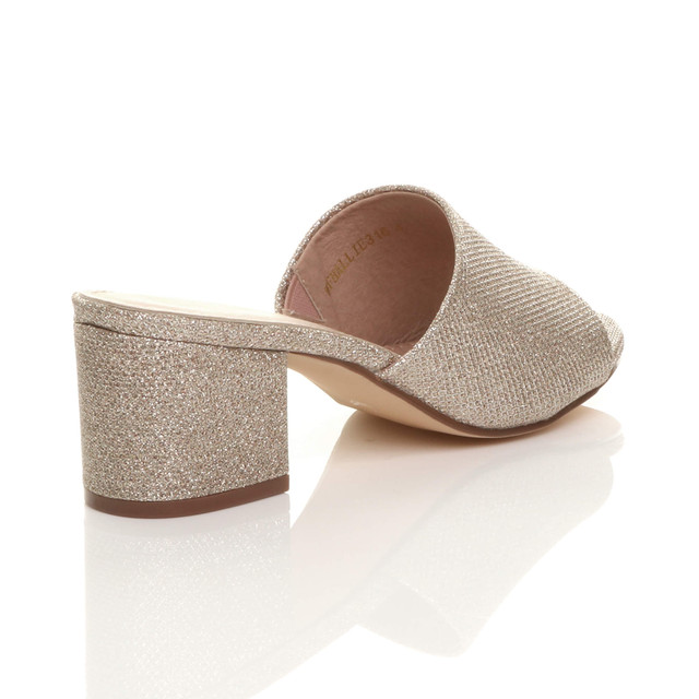 Back right side view of Rose Gold Glitter Low Mid Block Heel Casual Party Evening Mules Sandals 
