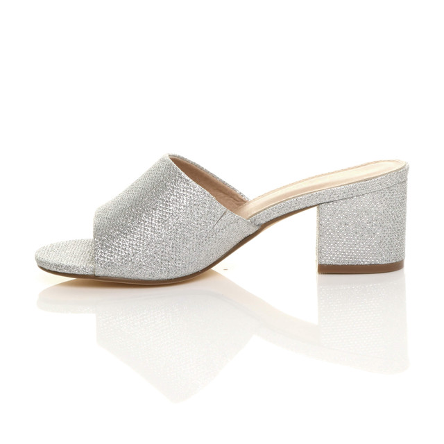 Left side view of Silver Glitter Low Mid Block Heel Casual Party Evening Mules Sandals 
