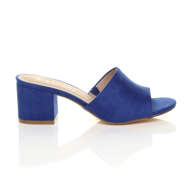 Right side view of Cobalt Blue Suede Low Mid Block Heel Casual Party Evening Mules Sandals 