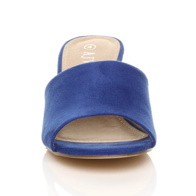 Front view of Cobalt Blue Suede Low Mid Block Heel Casual Party Evening Mules Sandals 