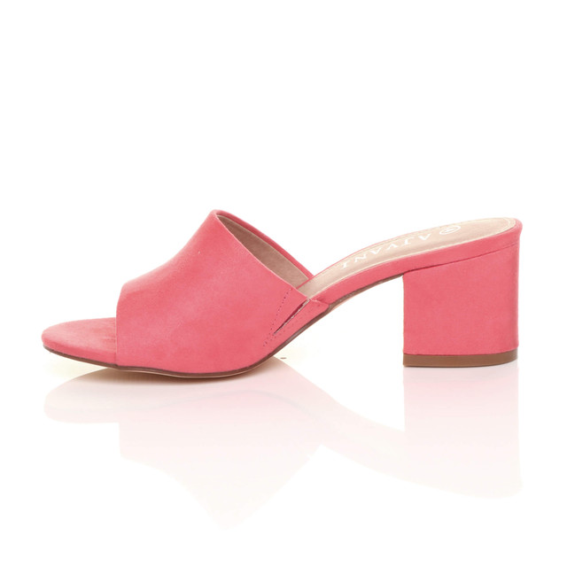 Left side view of Coral Suede Low Mid Block Heel Casual Party Evening Mules Sandals 