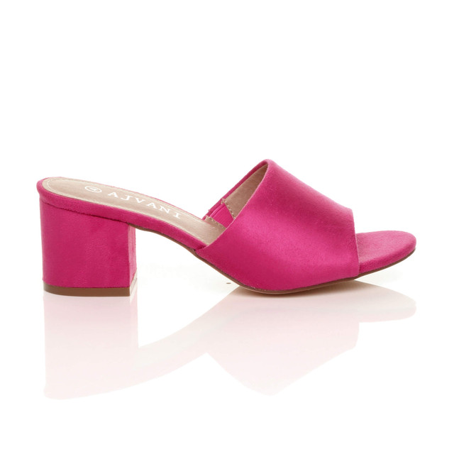 Right side view of Fuchsia Suede Low Mid Block Heel Casual Party Evening Mules Sandals 