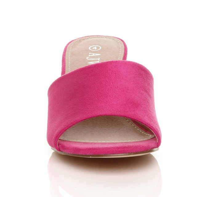 Front view of Fuchsia Suede Low Mid Block Heel Casual Party Evening Mules Sandals 