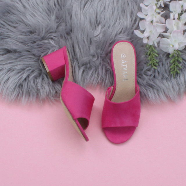 Fuchsia Suede Low Mid Block Heel Casual Party Evening Mules Sandals 