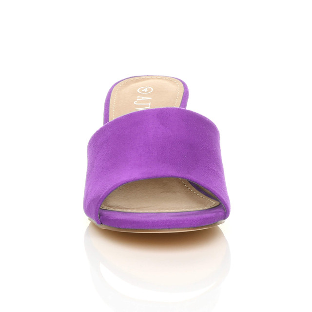 Front view of Purple Suede Low Mid Block Heel Casual Party Evening Mules Sandals 