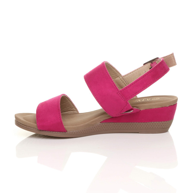 Left side view of Fuchsia Pink Suede Low Mid Wedge Heel Slingback Strappy Platform Sandals 