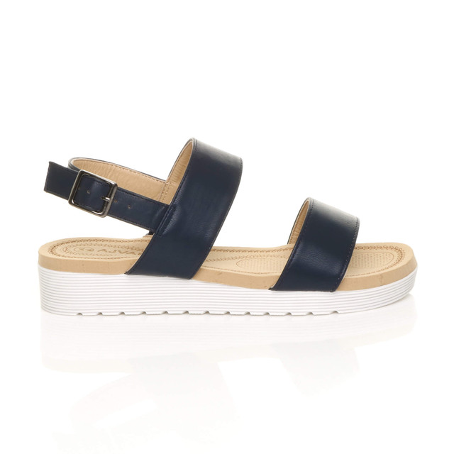 Right side view of Navy PU Low Wedge Heel Slingback Buckle Strappy Flatform Sandals 