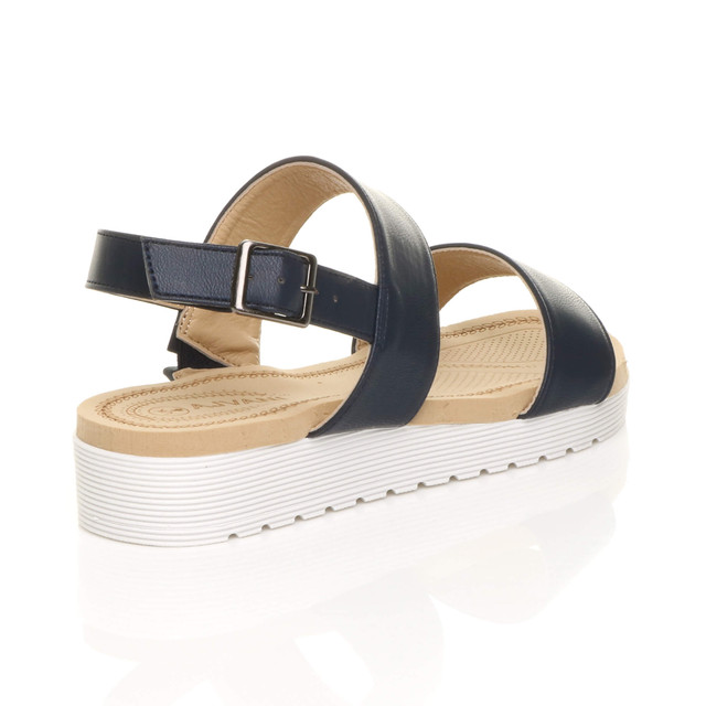 Back right side view of Navy PU Low Wedge Heel Slingback Buckle Strappy Flatform Sandals 