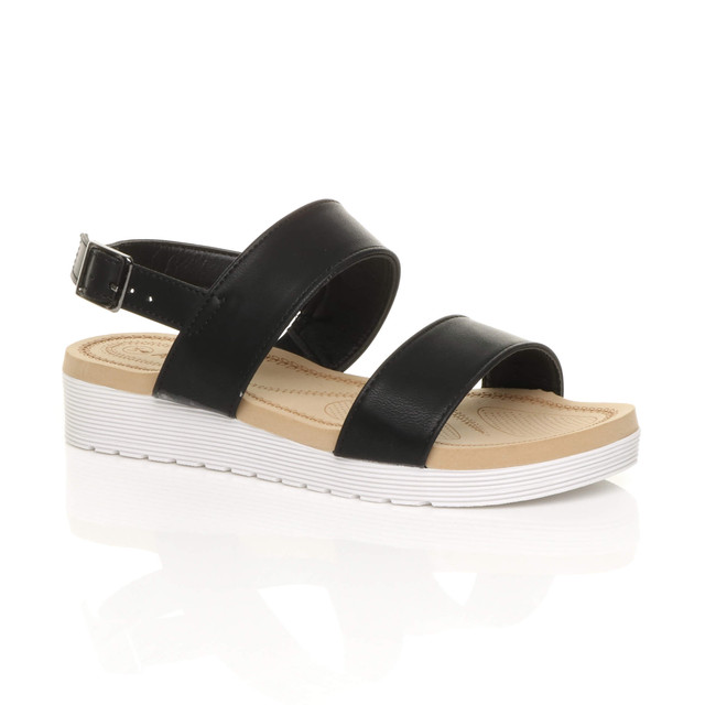 Front right side view of Black PU Low Wedge Heel Slingback Buckle Strappy Flatform Sandals 