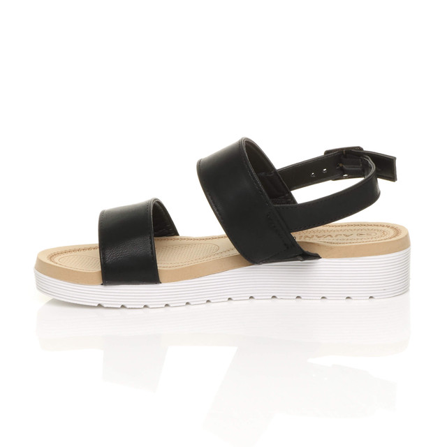 Left side view of Black PU Low Wedge Heel Slingback Buckle Strappy Flatform Sandals 