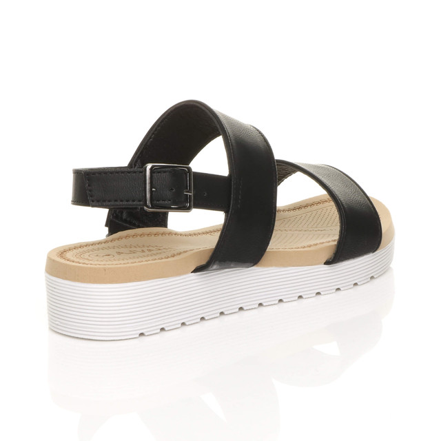 Back right side view of Black PU Low Wedge Heel Slingback Buckle Strappy Flatform Sandals 