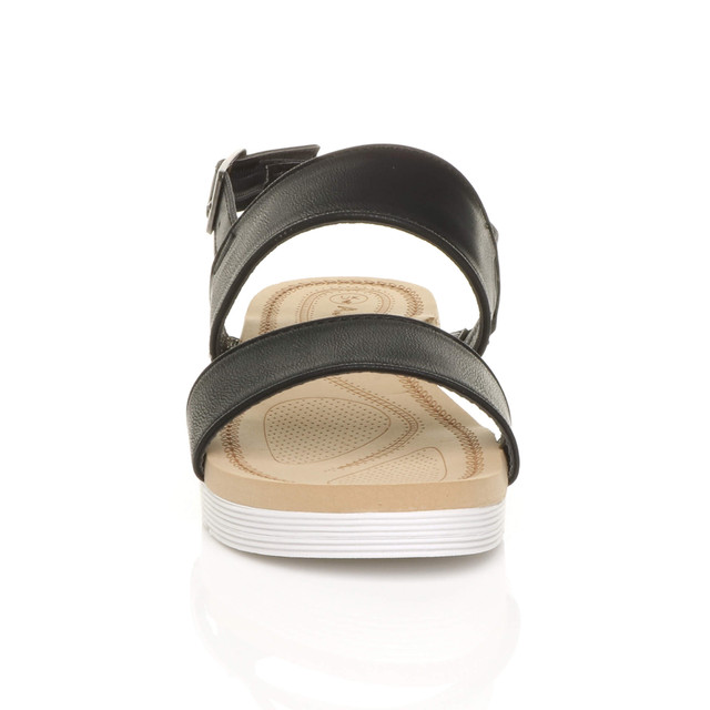 Front view of Black PU Low Wedge Heel Slingback Buckle Strappy Flatform Sandals 