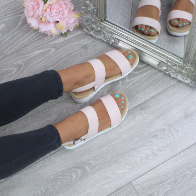 Model wearing Nude PU Low Wedge Heel Slingback Buckle Strappy Flatform Sandals 