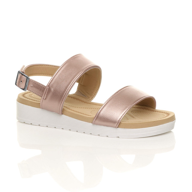 Front right side view of Rose Gold PU Low Wedge Heel Slingback Buckle Strappy Flatform Sandals 
