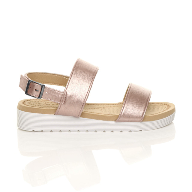 Right side view of Rose Gold PU Low Wedge Heel Slingback Buckle Strappy Flatform Sandals 