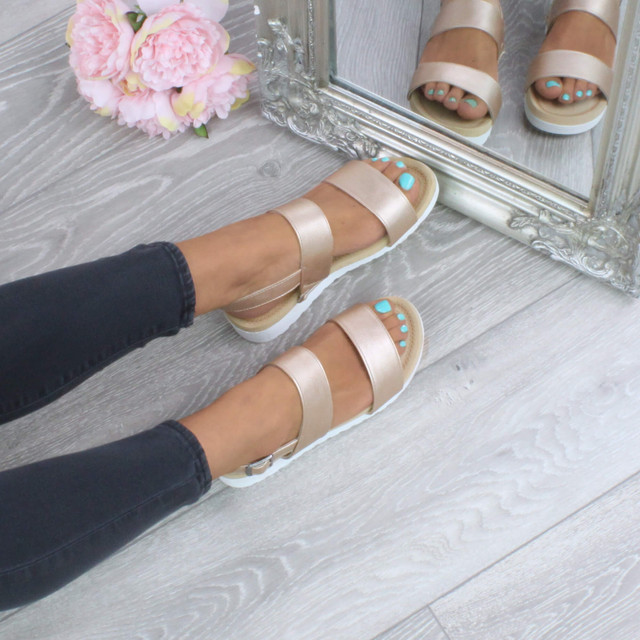 Model wearing Rose Gold PU Low Wedge Heel Slingback Buckle Strappy Flatform Sandals 