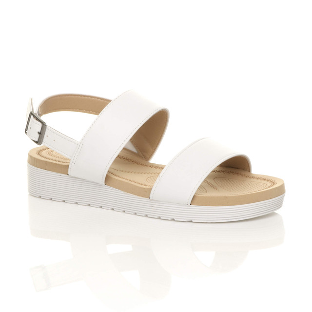 Front right side view of White PU Low Wedge Heel Slingback Buckle Strappy Flatform Sandals 