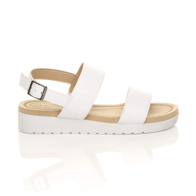 Right side view of White PU Low Wedge Heel Slingback Buckle Strappy Flatform Sandals 