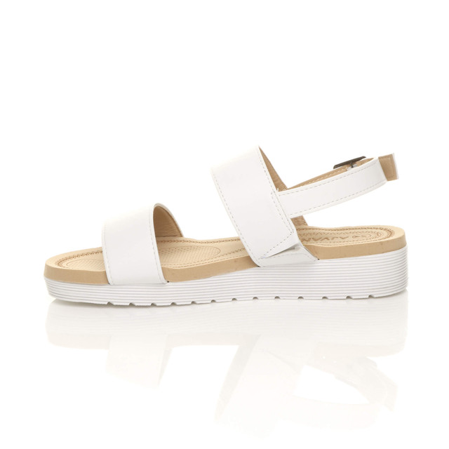 Left side view of White PU Low Wedge Heel Slingback Buckle Strappy Flatform Sandals 