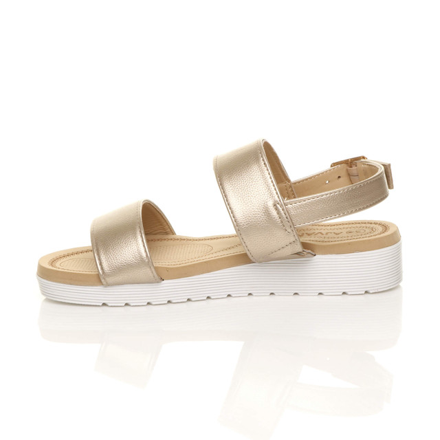 Left side view of Gold PU Low Wedge Heel Slingback Buckle Strappy Flatform Sandals 