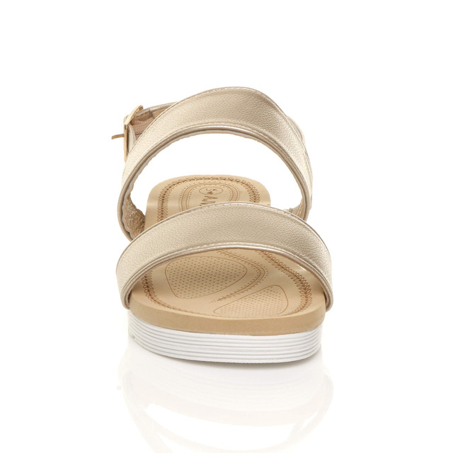 Front view of Gold PU Low Wedge Heel Slingback Buckle Strappy Flatform Sandals 