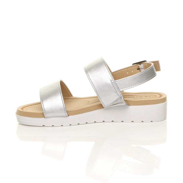 Left side view of Silver PU Low Wedge Heel Slingback Buckle Strappy Flatform Sandals 